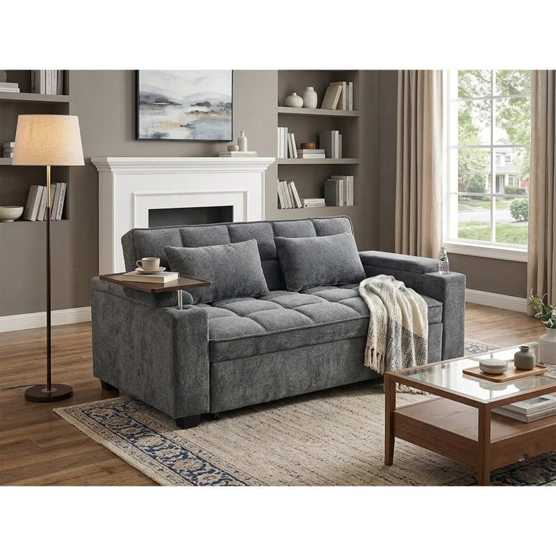 68.5'' Folding Convertible Sofa Bed,Small Pull Out Sofa with 90° Swivel Side Table &  Side USB Port, Dack Grey