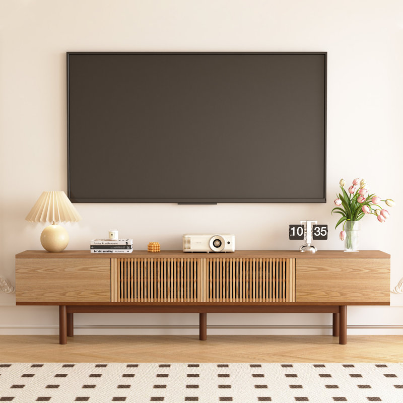 86.6" Mid-Century Modern Solid Wood Tv Stand With Cable Management And Storage