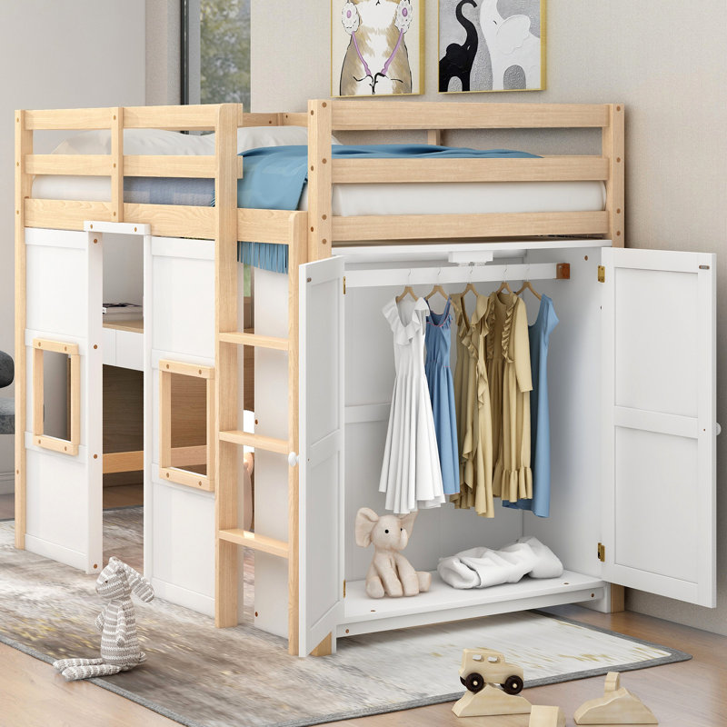 Twin Loft Bed With Built-in Storage And 2 Sunny Windows, Natural/white Wood Windows - No Box Spring Required,, Natural/White