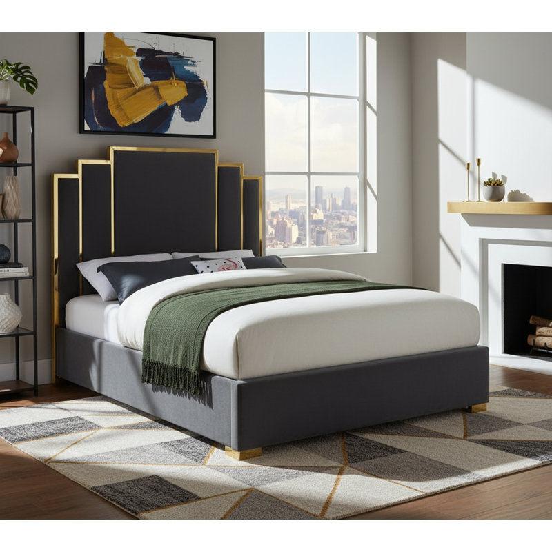 Lit plateforme tapissier Hugo, Très grand, Velours gris