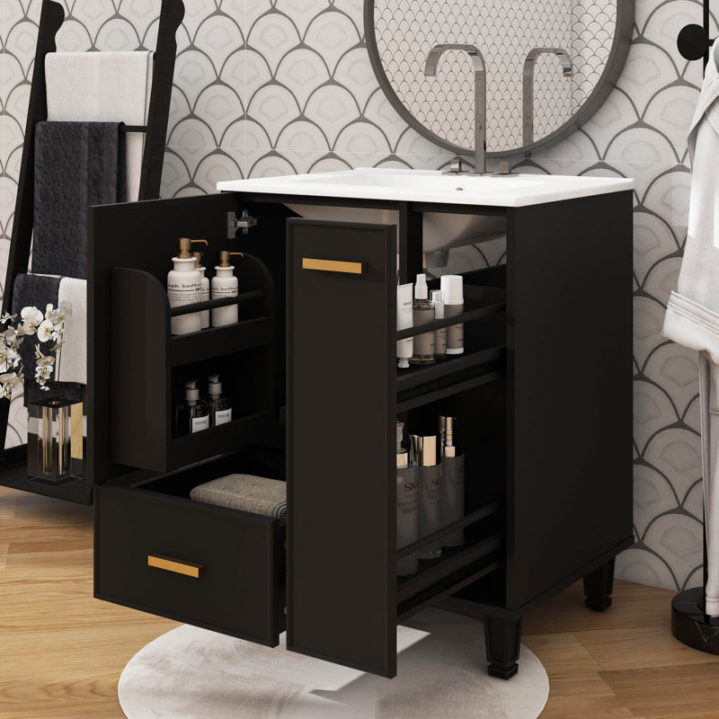 Meuble-lavabo de 24 po avec évier - offre un support de porte et un panier à deux niveaux, Noir