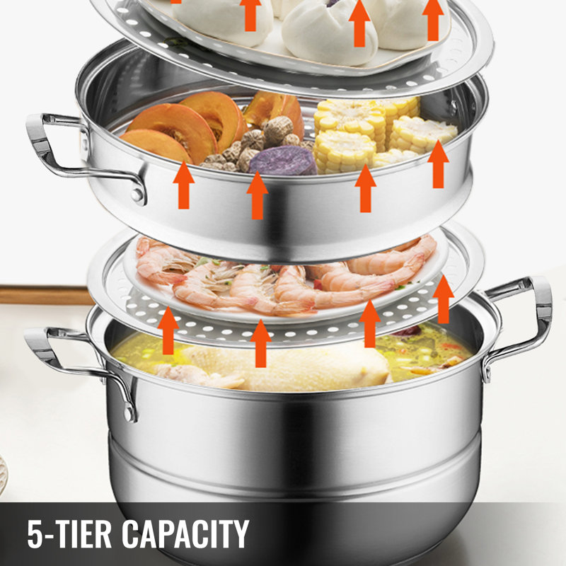 VEVOR 5-Tier Stainless Steel Food Steamer Set with Glass Lid