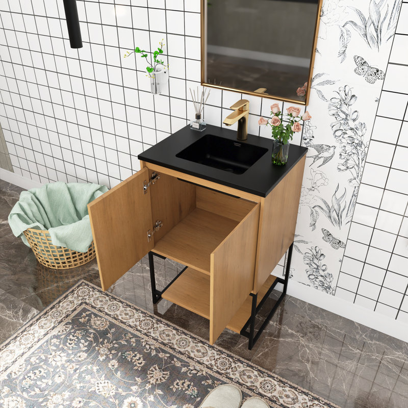 Ensemble de meuble-lavabo simple 24 po avec surface solide Riekie, Chêne
