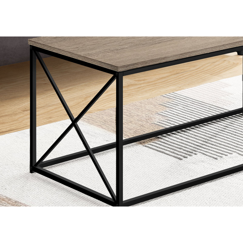 Table basse d'appoint moderne, 101,6 cm (L) x 45,7 cm (H), avec dessus en stratifié taupe foncé et piètement en métal noir. Table basse rectangulaire, 102,9 cm (L). Détails.