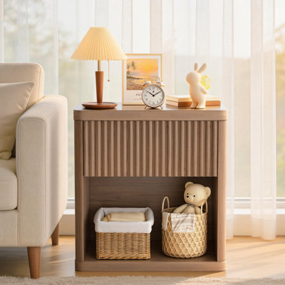 Fluted Night Stand, Brown Nightstand  Wood Bed Side Table With Drawer And Open Compartment, Curved Corner, Modern Bedside Table For Bedroom, Living Room, Office