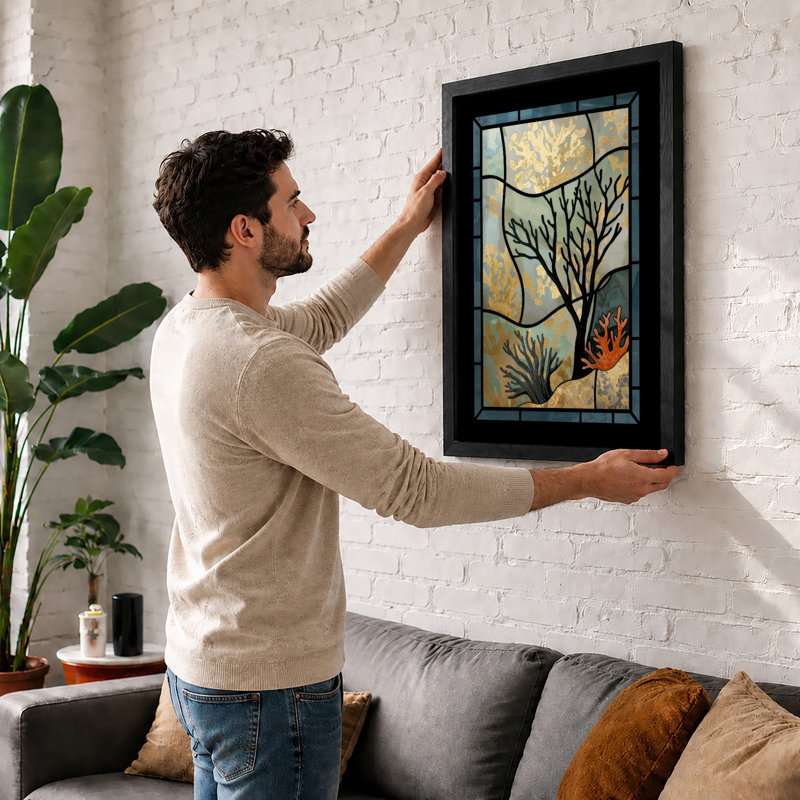 Stained Glass Botanical - Framed Print, A1 - 84.1 x 59.4 cm, Oak