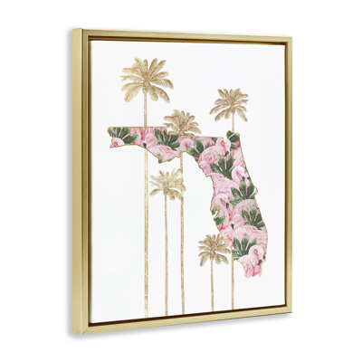 Flamingo Patterened Florida Gold Framed Floater Canvas Wall Art by Ziwei Li