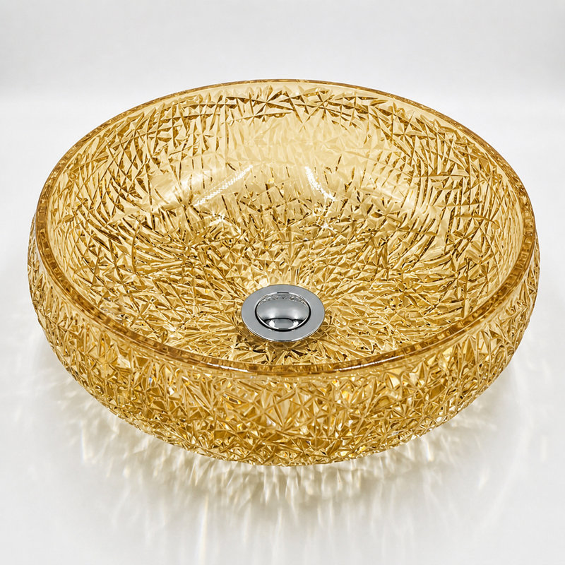 Moonshell 17" Tempered Glass Circular Vessel Bathroom Sink - Clearview Collection, Champagne