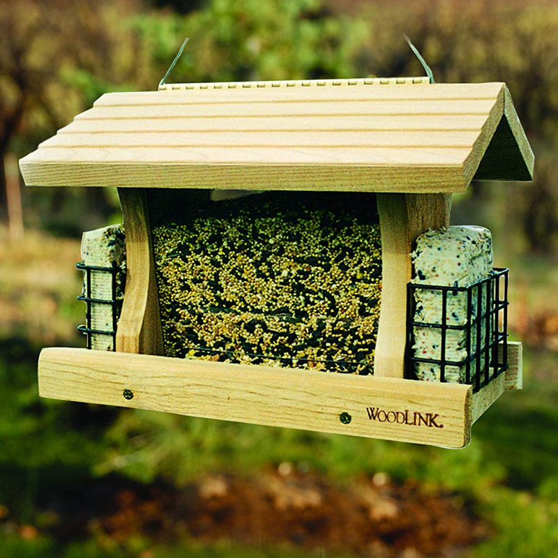 Woodlink Deluxe Cedar Wood Hanging Bird Feeder with Cable and Suet Cages, Brown