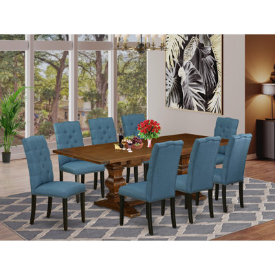 9 Piece Dining Table Set Includes a Rectangle Dining Room Table with Removable Leaf and 8 Blue Linen Fabric Parsons Chairs, Antique Walnut
