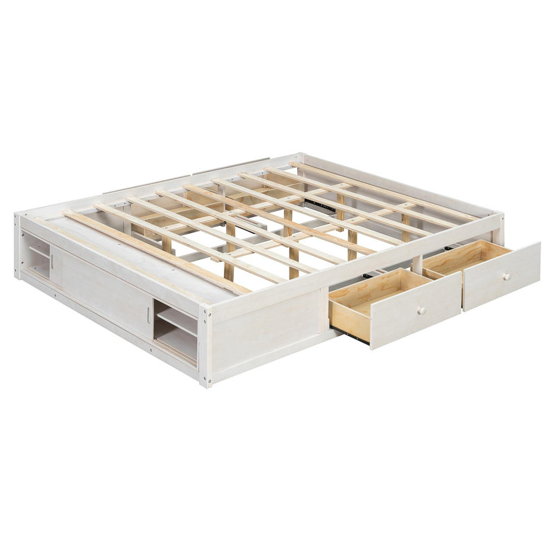 Queen Size Platform Bed Frame With 4 Storage Drawers And Footboard Storage Cubby, No Headboard, Modern Space-Saving Design-Antique White