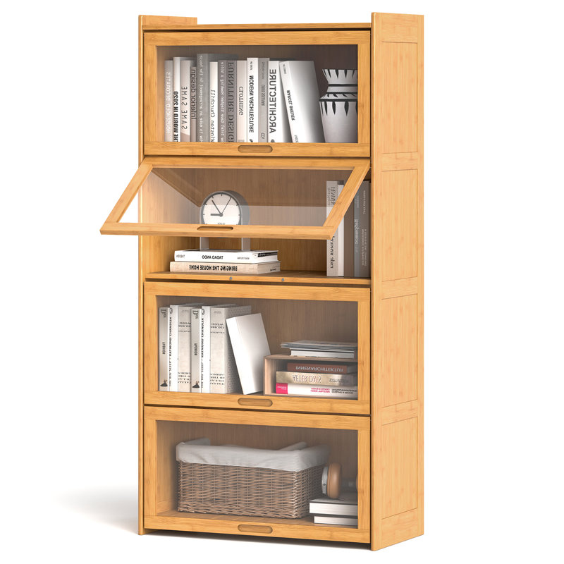 4-Tier Bamboo Bookshelf w/Doors See-through Acrylic Doors Freestanding Bookcase, Natural