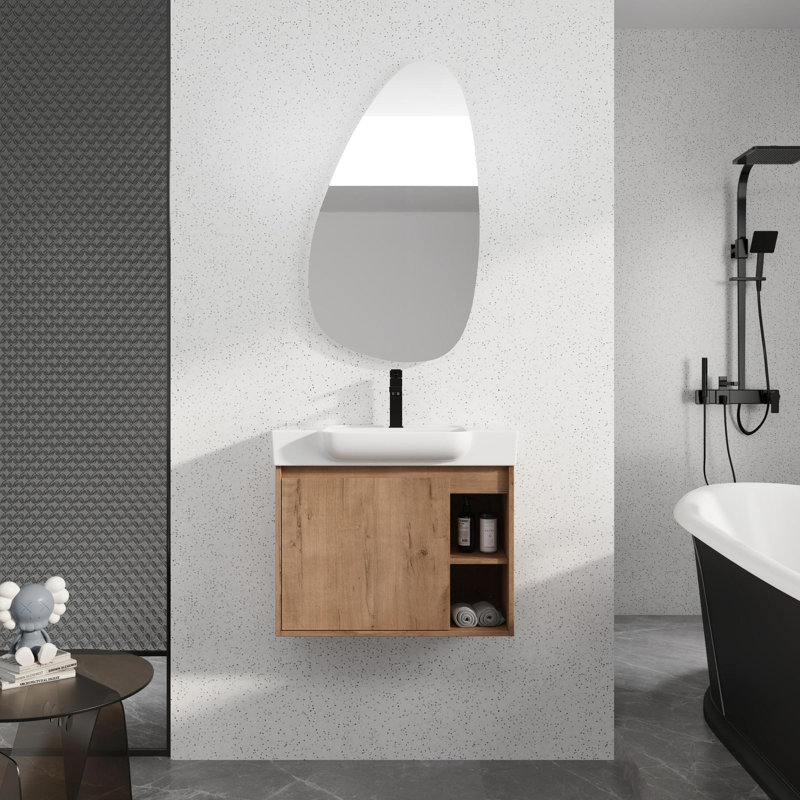 Meuble-lavabo mural multifonctionnel avec porte à fermeture en douceur et tablettes ouvertes, Imitation chêne, 24