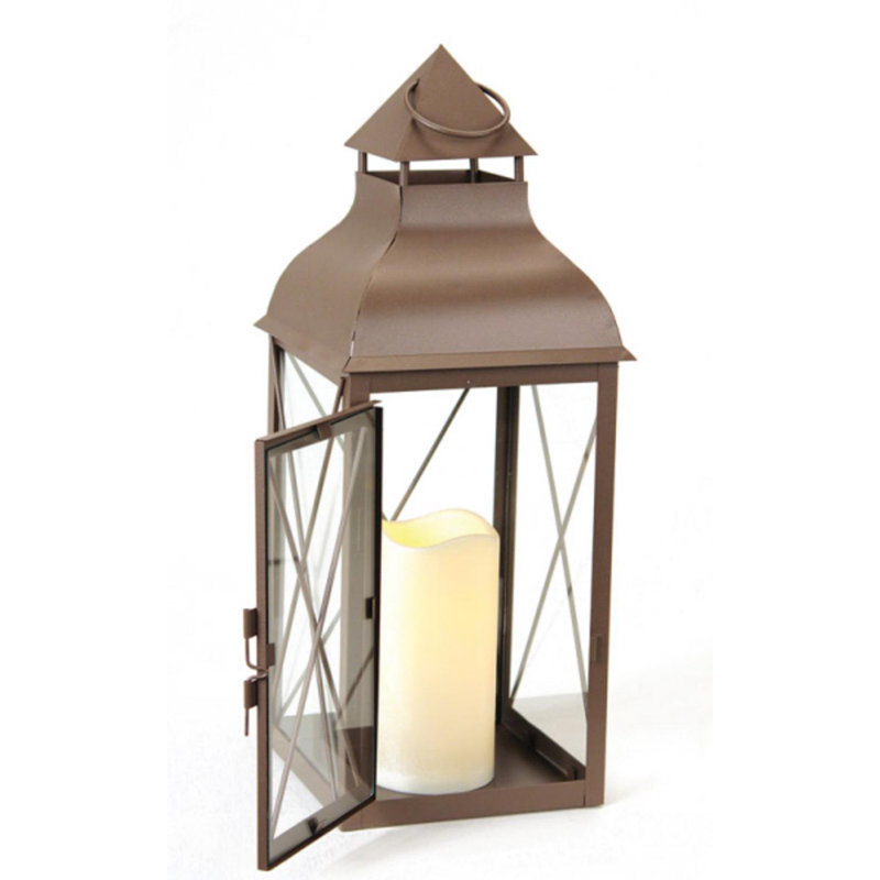 Lanterne brune métallique style campagnard 16,75 po avec bougie DEL sans flamme