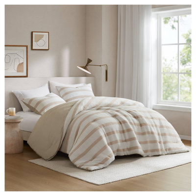 Ensemble d'édredon 3 pièces à rayures teintes en fil taupe - Literie toutes saisons avec revers en microfibre douce
