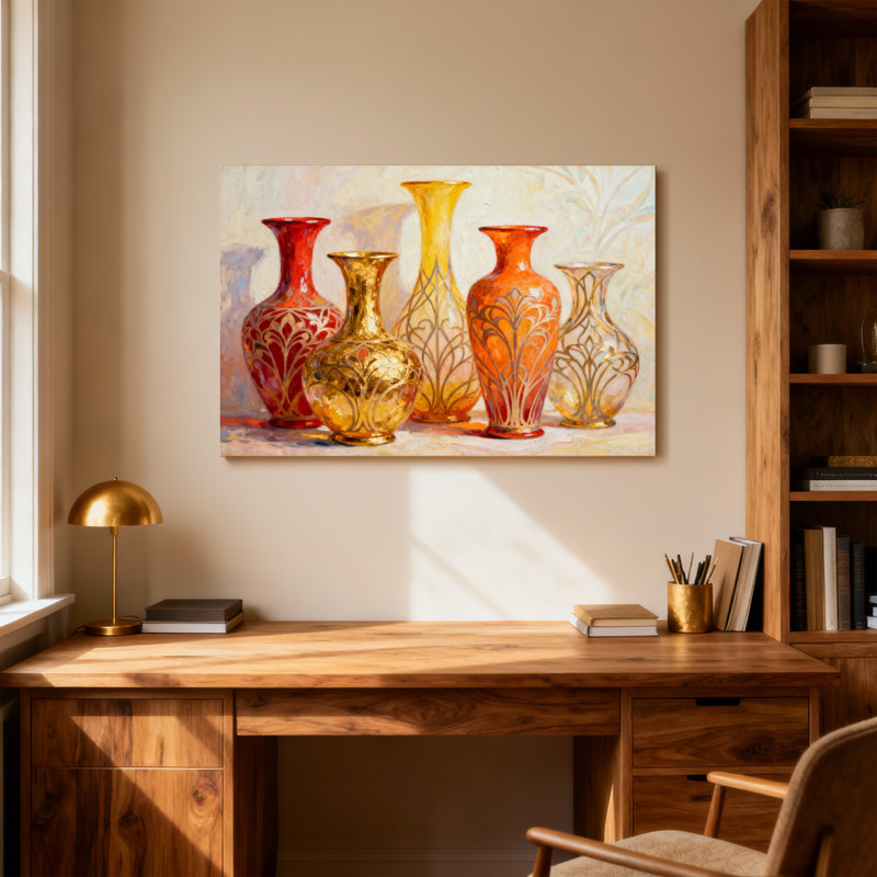 Vases colorés à la mode avec des motifs ornés et des tons chauds, H 16 po x l 24 po