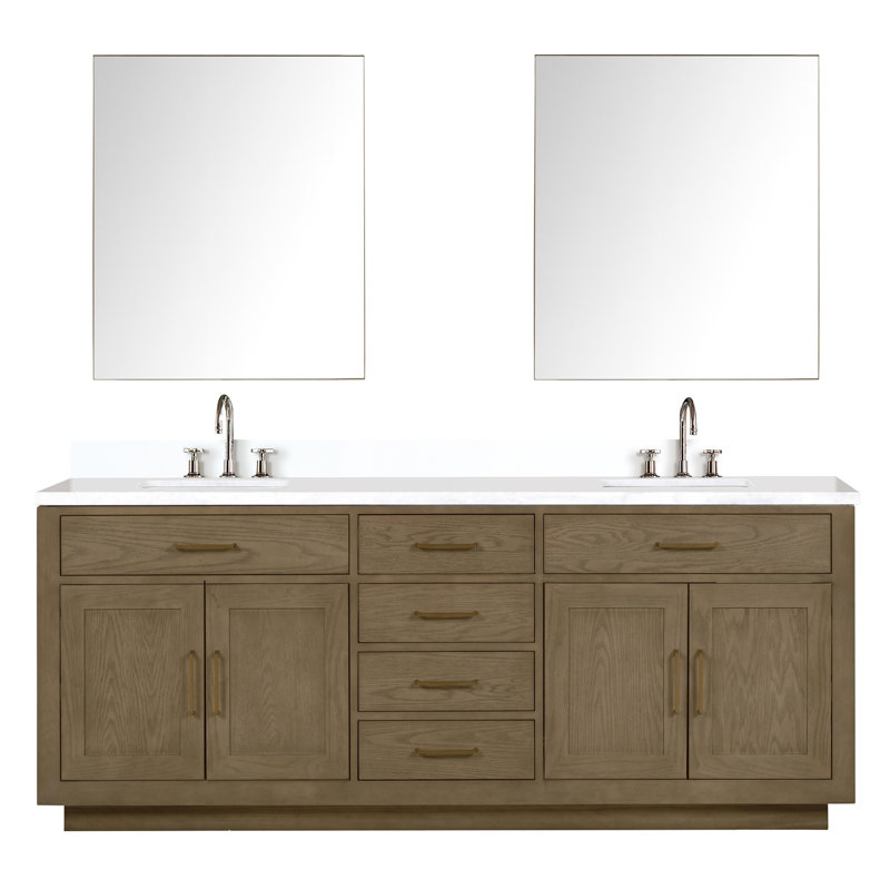 Meuble-lavabo double en chêne gris l 84 po x P 22 po, comptoir en quartz blanc, robinet, miroir de 36 po inclus, meuble-lavabo