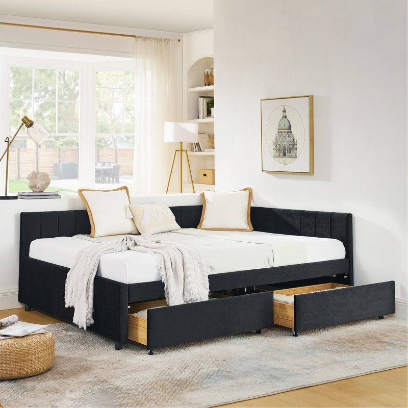 Full Size Upholstered Tufted Bed Frame With Two Drawers, Sofa Bed Frame With Comfortable Backrest And Armrests, Velvet, Black(79.5''X58''x25'')