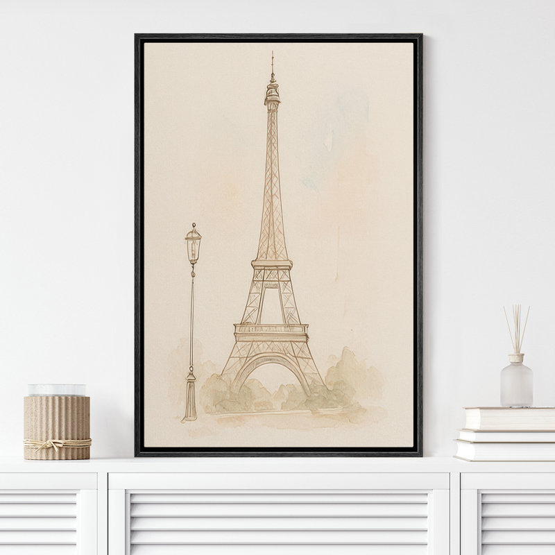 «Eiffel Tower Line Line Paris Architecture Neutral Wall Decor», reproduction d'art sur toile encadrée, Cadre flottant noir