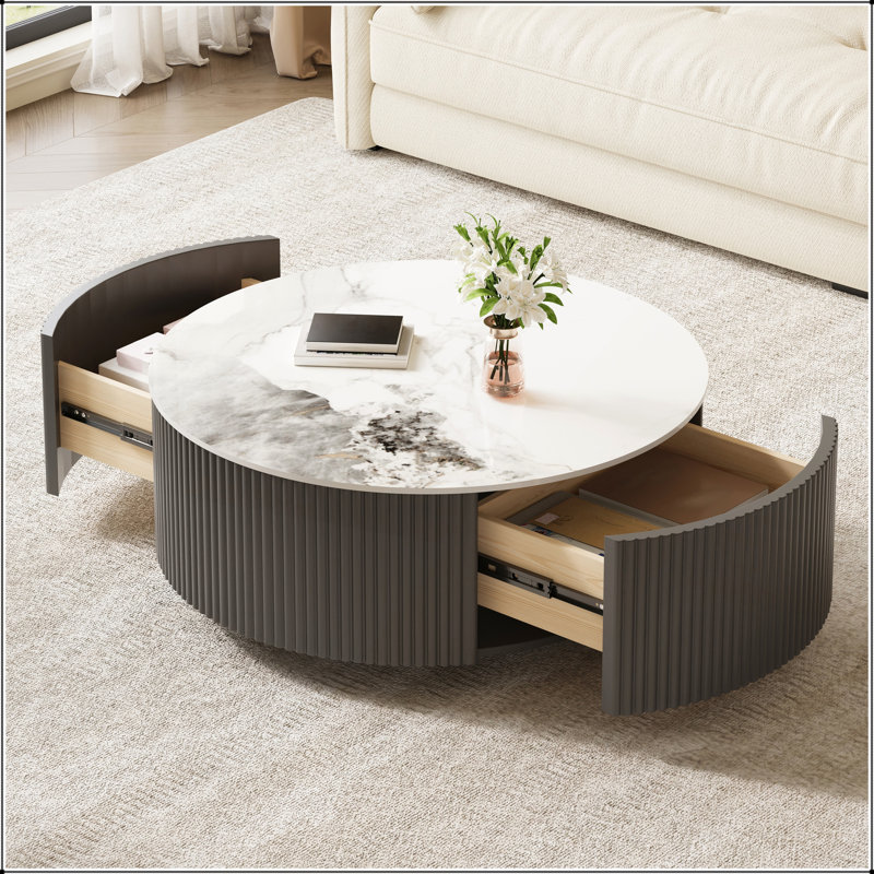 Table basse ronde moderne sur roulettes, 2 tiroirs, plateau en pierre frittée résistante et élégant motif marbre, grise