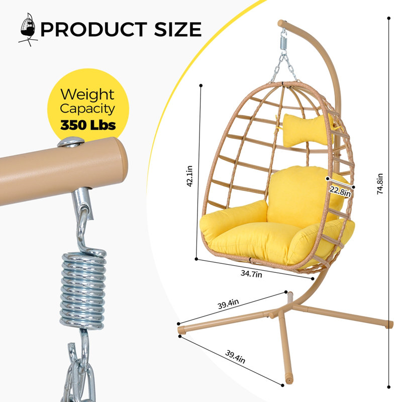 Outdoor PE Rattan Hanging Swing Chair with Heavy-duty Double Rope, Yellow, Yellow