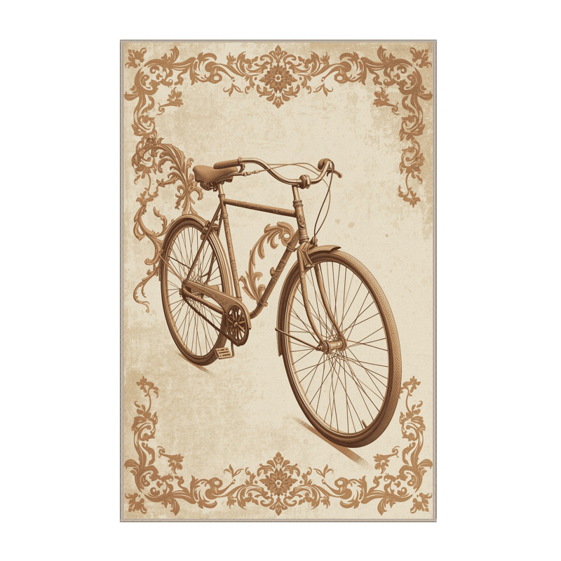 Machine Washable Vehicles And Transportation Vintage Bicycle Vintage Damask Rug in Beige – Beige Binding, 6x9