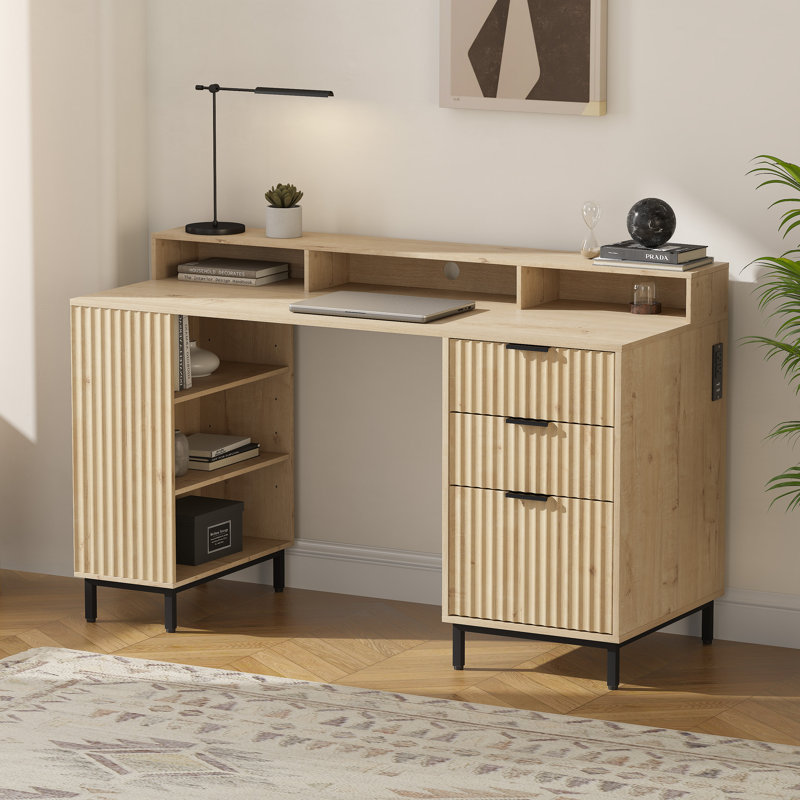 Bureau de direction cannelé 55 "avec tablette de rangement et tiroir classeur, Chêne clair