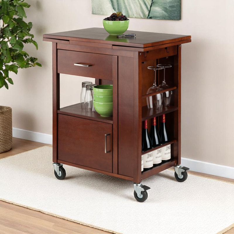 Dalton Walnut Finish Extendable Top Kitchen Cart With Casters, 33.02" H X 43.02" W X 18.17" D