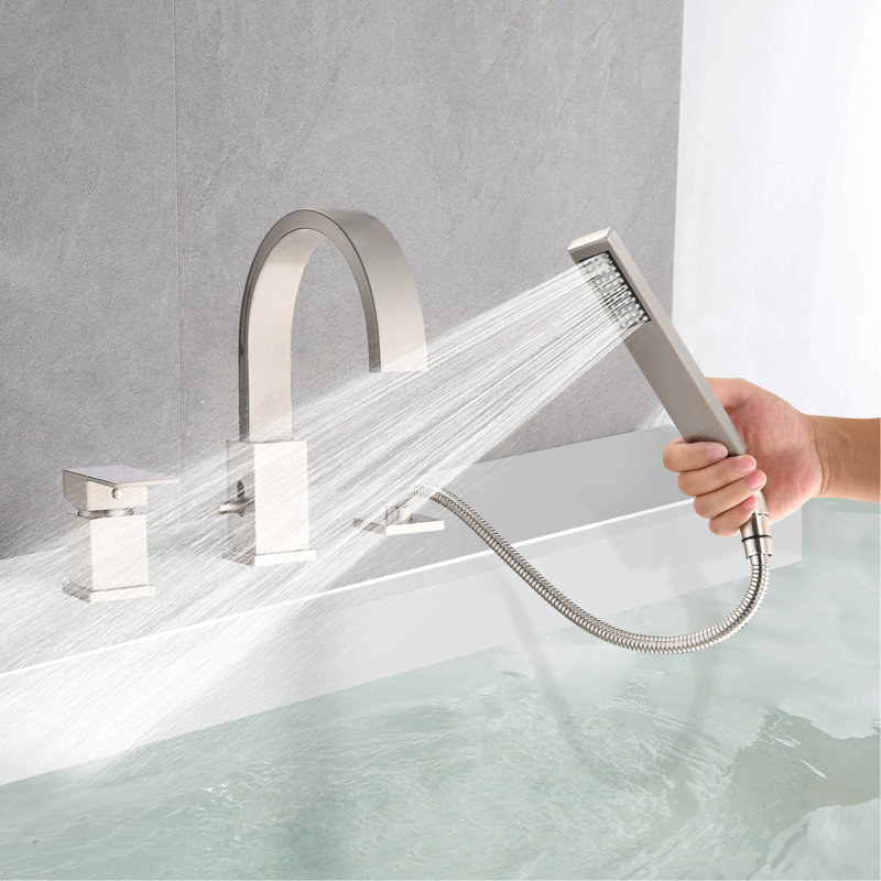 Brushed Nickel Waterfall Tub Spout With , Deck Mount 3 Roman Filler, Hand Shower & 59" Hose, Dependable Ceramic Cartridge Faucet Filler , Stainless Steel Stable