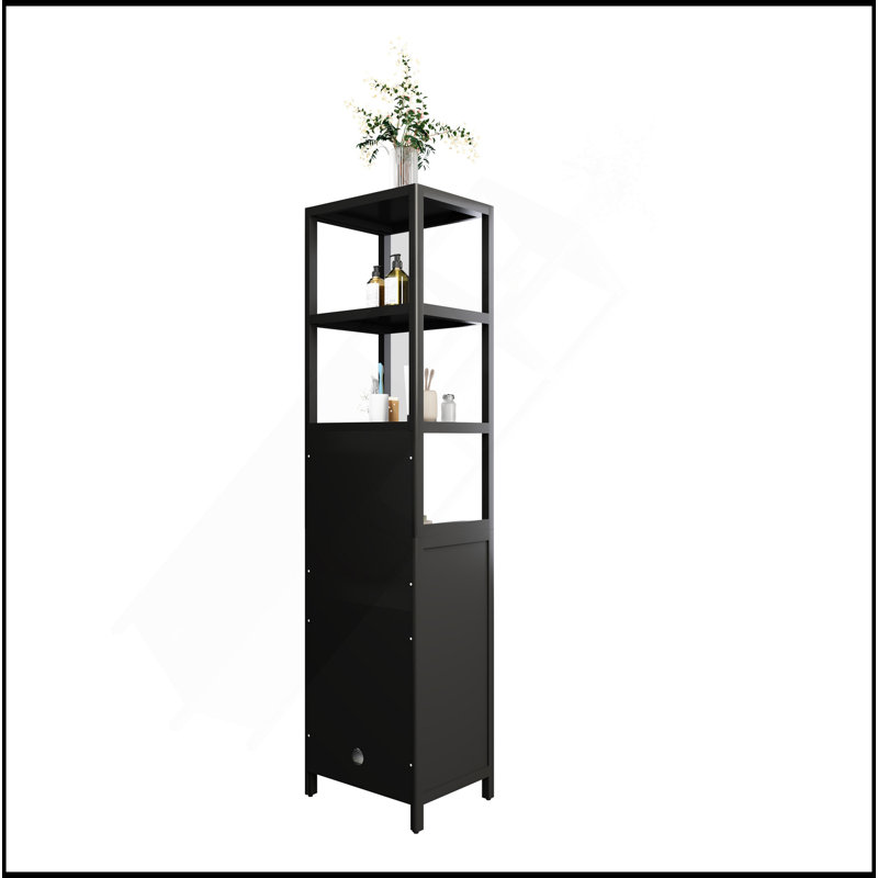 BLACK  Storage Tall Slim Cabinet With Shutter Door And 3 Tier Shelves, Freestanding Linen Tower Cabinet For Living Room, Kitchen, Bathroom Organizer, Natural Bamboo