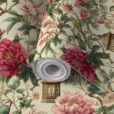 Papier peint auto-adhésif et lanternes de pivoines chinoises à motif floral autocollant et amovible 17,7 po x 118 po (45 x 300 cm)