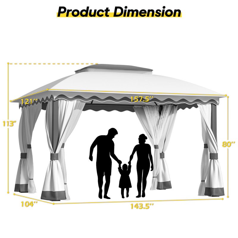 Outdoor Patio Gazebo Heavy Duty Gazebos With Mosquito Netting & Double Roof, Gray, 113" H x 157.5" W x 121" D