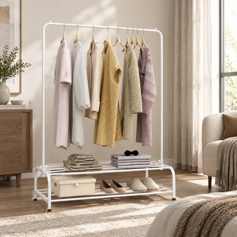 Portant à vêtements en métal avec tablette inférieure pour chambre, blanc, portant robuste