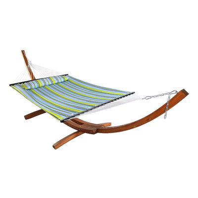 West Hewish 2-Person Polyester Spreader Bar Hammock with 13' Curved Wood Stand - Blue/Green