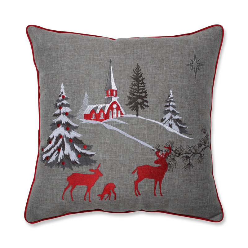 Gray and Red Embroidered Christmas Scene Square Throw Pillow