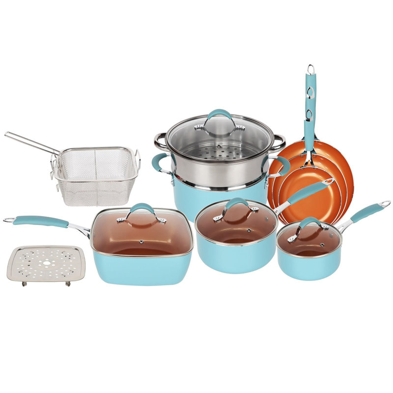 Wiltraud 14 - Piece Aluminum Cookware Set, Copper/Blue
