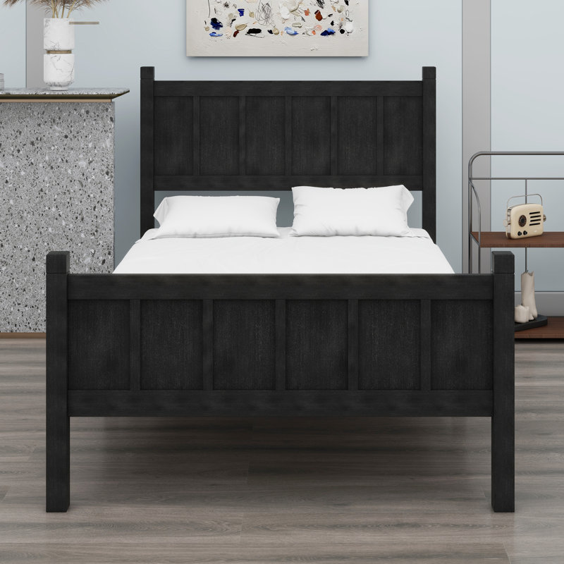 Lit plateforme moderne à panneau plat avec tête et pied de lit de style shaker, Noir