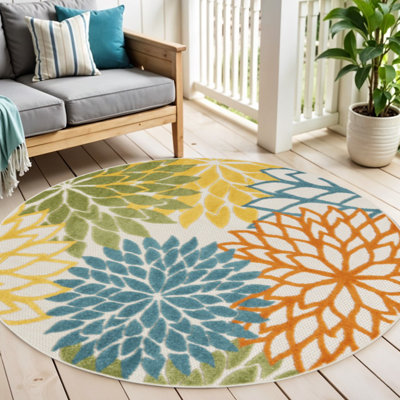 Tapis extérieur floral antidérapant rond 5 pi x 5 pi turquoise