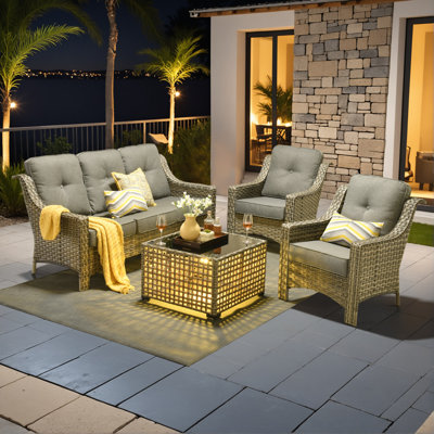 5 - Person Wicker Outdoor Conversation Set, Patio Sofa Set with Lighted Coffee Table and Cushions