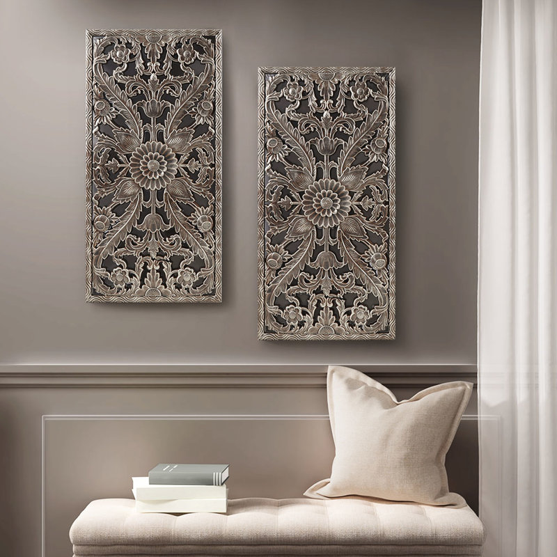 Décoration murale en bois vieilli (2) - fini intérieur fleur de lotus bronze l 15,75 po x H 31,5 po x P 0,59 po (2)