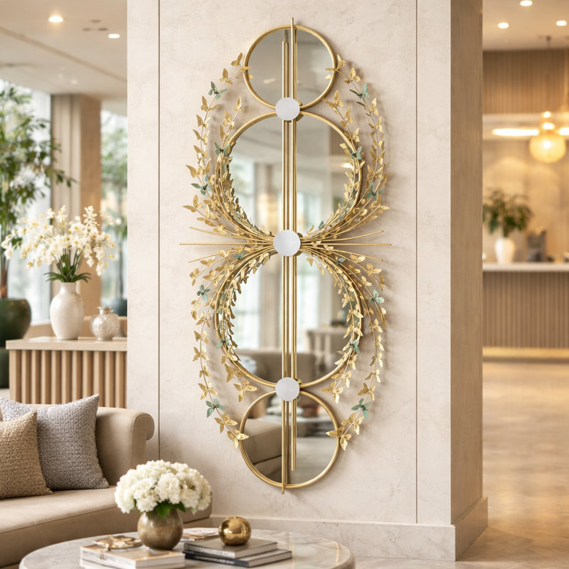 Grand miroir mural en métal doré papillon décoratif