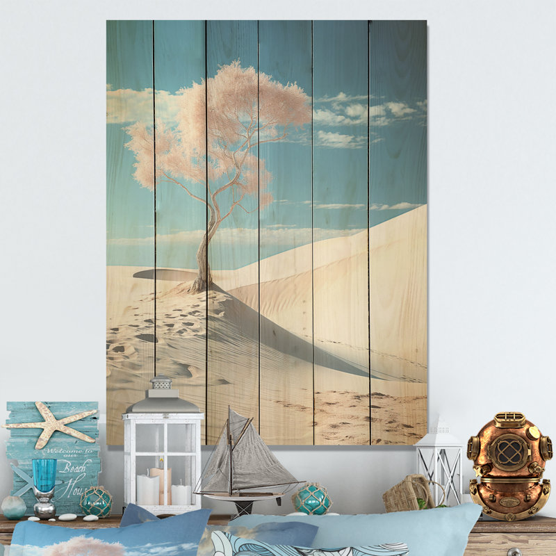 Arbre sur une dune blanche - art mural en bois côtier sur bois de pin naturel, H 32 po x l 24 po