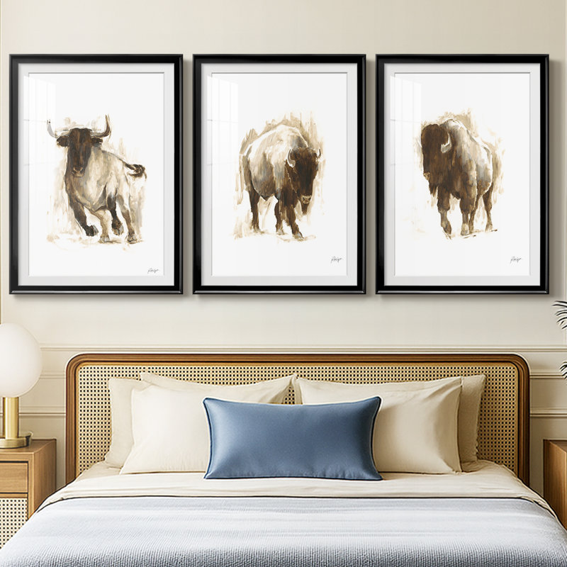 «Rustic Bull II», impression encadrée sur mesure de qualité supérieure mate - 3 pièces, H 19 po x l 27 po, Noir