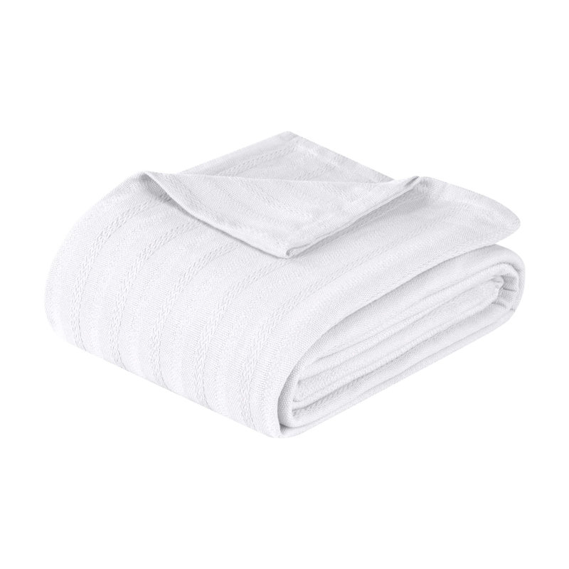 Couverture à rayures jacquard 100% coton Superior Clara, Très grand lit, Blanc