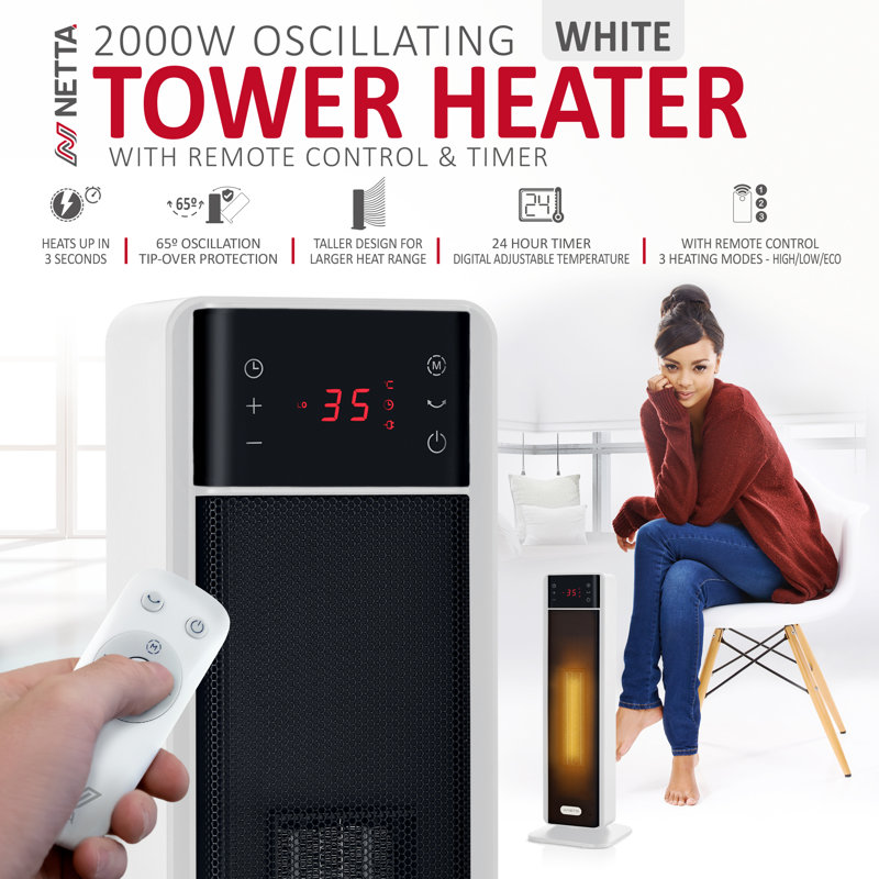 Netta 2000w Tower Heater With Thermostat And Remote Control, White