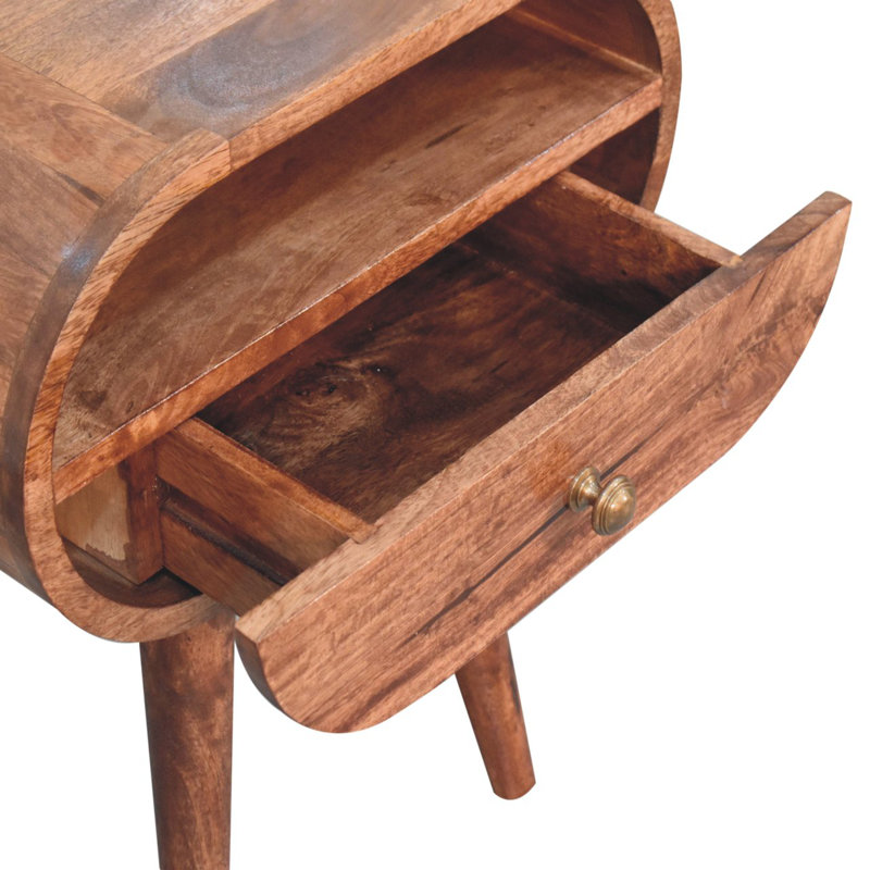 Honey Caramel Solid Mango Wood Circular Bedside Table with Drawer