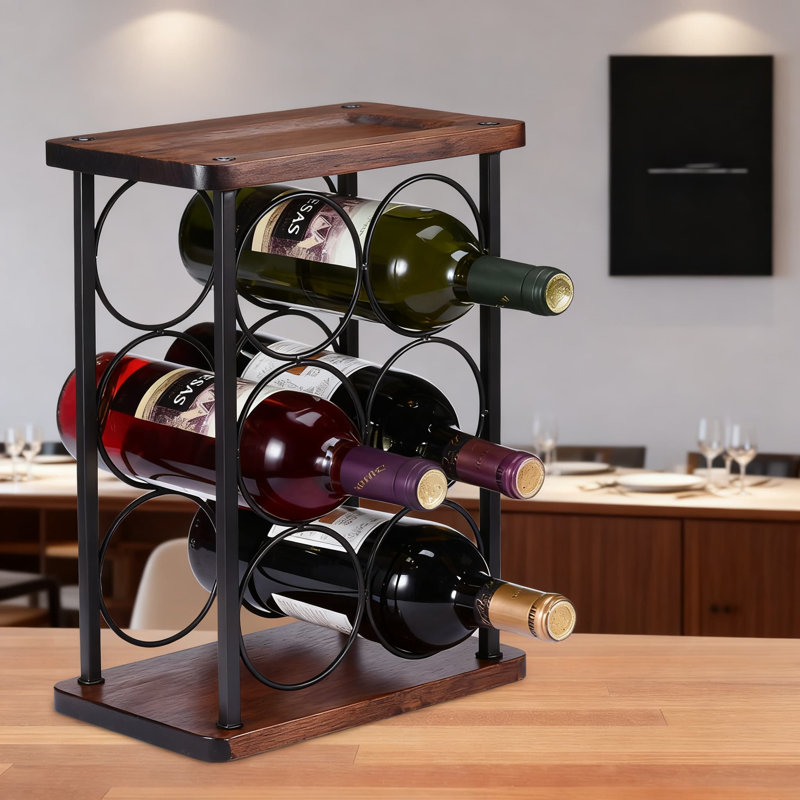 Support à vin de comptoir pour 6 bouteilles avec porte-verres à pied, fabrication robuste en acier et en bois pour la cuisine, le bar ou le garde-manger