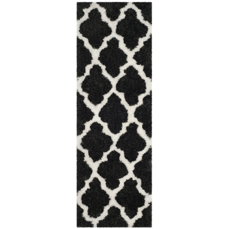 Tapis à poils longs en coton / polyester noir / ivoire, Tapis de couloir 2 pi 3 po x 7 pi