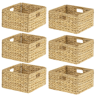 Rectangular Woven Hyacinth Wicker Pantry Storage Baskets with Iron Wire Frame, 13"x12.2"x7", Natural