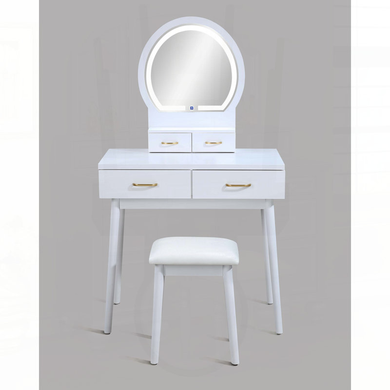 3-Piece Vanity Set with LED Mirror, Gold Handles & Stool (White)